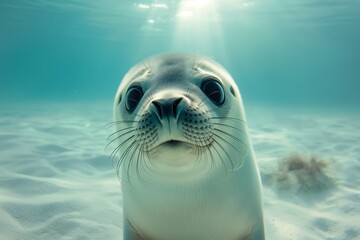 Naklejka premium Underwater photo of a cute baby seal smiling at the camera against a blue water background. Close-up portrait.