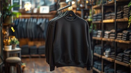 Several black sweatshirts hanging on hanger in modern clothing store. Mockup template for sweatshirt design. Sale fashionable clothes