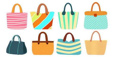 beach bags set isolated on white background in flat stile
Vector illustration. Colorful bags set   