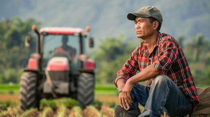 Fototapeta premium farmer, age 30-40 year old, thai, men, photography, background Rice field or vegetable garden, fullbody, Sitting and thinking a lot next to the tractor, looking at the rice fields or vegetable gardens