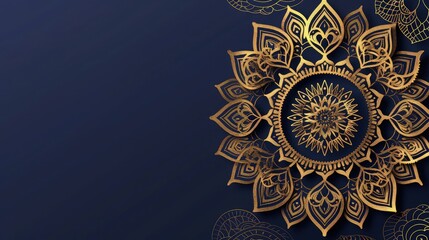 Obraz premium A gold ornamental mandala pattern glows against a deep blue background to create a sophisticated texture for professional graphic design and marketing projects.