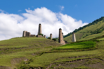 The Erzi tower complex. The ruins of an ancient city high in the mountains. Medieval battle towers...