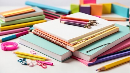 The image contains a stack of six books and a composition notebook. There are also pencils, a pencil case, scissors, a glue stick, a staple remover, and a pair of glasses on top of the books.

