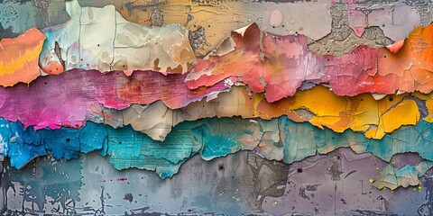 Colorful torn paper collage background with vintage textures and layered patterns 