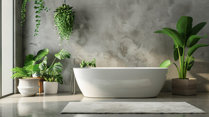 Green plants in elegant modern bathroom. Interior 