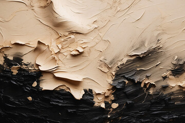 Beige and black paint create a striking abstract pattern with textured layers and cracks on canvas surface
