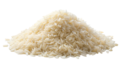 A close-up photo of a heap of dry white rice grains, a common food ingredient