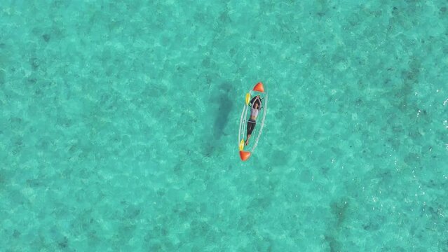 Aerial view of tranquil beach with woman, boat, and glass boat, Thoddoo, Maldives.