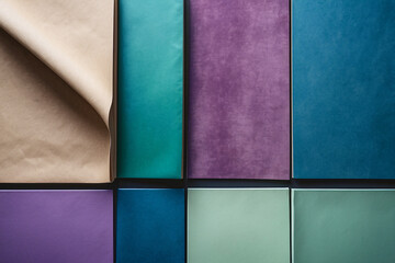 Fototapeta premium Top view of colorful paper sheets arranged in geometric rows with shadows