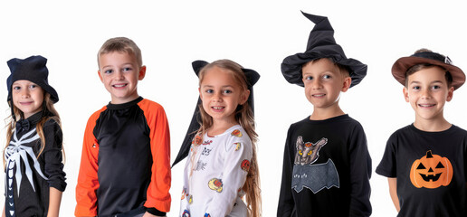 kids in Halloween costumes laying down, isolated on white background