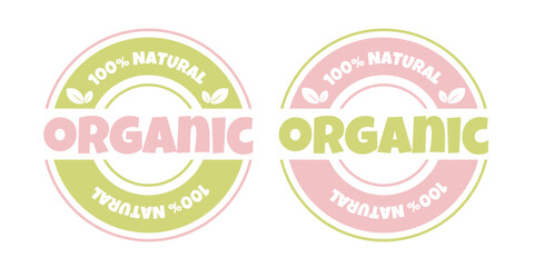 Set of Logo template for organic, eco, bio, natural and eco friendly products. Sticker, label, badge and icon. Vector illustration in pink and green colors