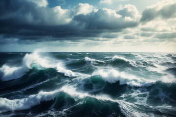Obraz premium Moody and atmospheric portrayal of churning sea waves under a brooding stormy sky, reflecting the ocean's unpredictability
