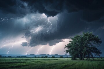 Menacing storm clouds gather above a lush green field, with lightning bolts tearing the sky apart