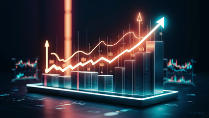 Digital Featuring display showcasing a lit Bar Graph With Data Points and Trading Charts Background.-generative AI