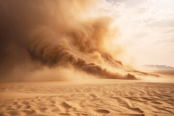 A dramatic photograph capturing a massive dust storm sweeping over the barren desert landscape under a muted sky