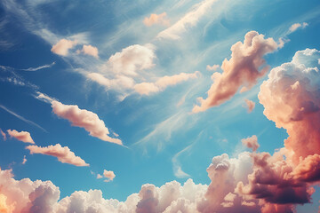 The image shows a striking sky filled with fluffy clouds tinted by the warm hues of sunlight