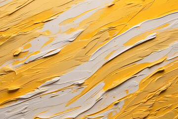 Close-up photo showing the details and textures of a yellow and white oil painting with a dynamic, abstract pattern