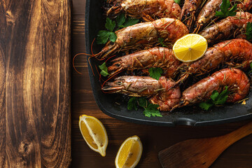 Fried shrimps on grill pan with fresh herbs and lemon slice. Seafood background. Top view.