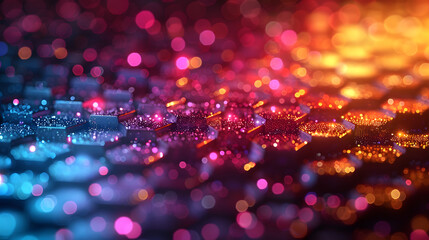Vibrant abstract background featuring neon hexagonal patterns with a blend of blue, pink, and orange glowing lights