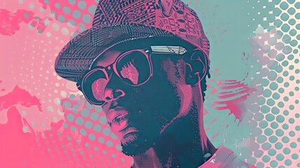 A stylish man wearing sunglasses and a hat in a colorful hip hop illustration
