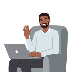 Young freelancer watching webinar at home. Video call or conference concept. Flat vector illustration isolated on white background