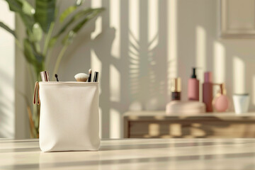 realistic white cosmetics bag standing on the table next to cosmetics, light biege room in background, facing front