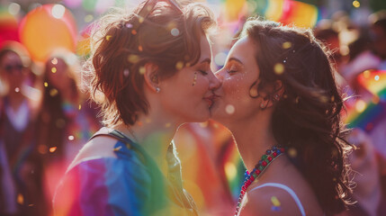 Obraz premium Lesbian Couple Kiss at Outdoor Pride Event