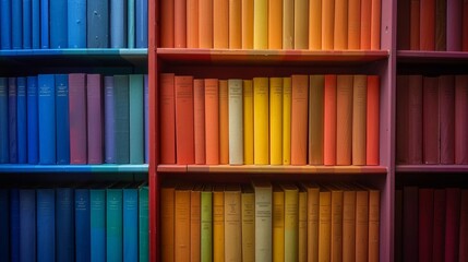 Bookshelf featuring a spectrum of colored books, emphasizing organization and aesthetic appeal