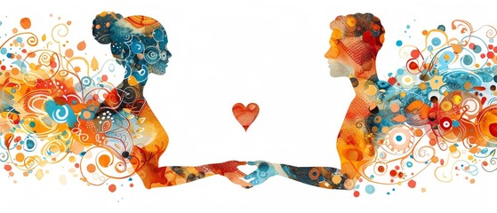 Generate a watercolor painting of two people holding hands with a heart between them. The background should be white and the people should be colorful.