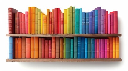 Naklejka premium Bookshelf filled with multicolored books, organized by hue, isolated on white background