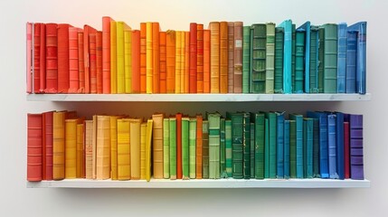 Fototapeta premium Bookshelf filled with multicolored books, organized by hue, isolated on white background