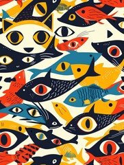 Colorful, abstract seamless pattern with hand-drawn fishes and cats.