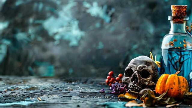 Still life scene with skull, potion bottles, and pumpkins on moody, misty background