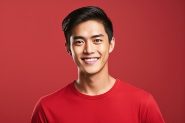 Red Background Happy asian man realistic person portrait of young teenage beautiful Smiling boy good mood Isolated on Background ethnic diversity equality acceptance concept with copyspace 