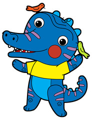 cartoon scene with happy funny dinosaur  dino lizard dragon kid  child having fun playing kindergarten isolated background illustration