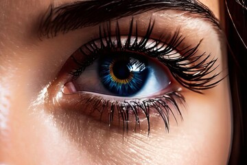 Obraz premium Detailed close up of Persons blue eye with beautifully long eyelashes