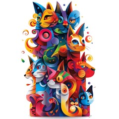 An illustration of a group of cats in a variety of bright colors