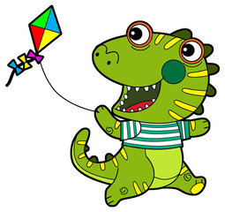 cartoon scene with happy funny dinosaur  dino lizard dragon kid  child having fun playing kindergarten isolated background illustration