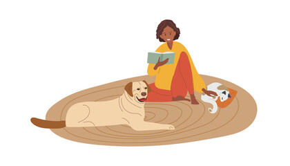 Woman sitting on floor and reading book . Cat and dog lying near. Cozy autumnal evening. Leisure activity, repose and relaxation. Flat cartoon vector isolated illustration. Relaxing at home with pets