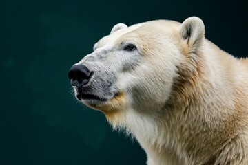 Fototapeta premium Close-up portrait of a polar bear isolated against a blurred background. Horizontal. Space for copy. 