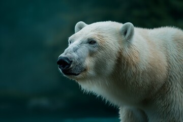 Close-up portrait of a polar bear isolated against a blurred background. Horizontal. Space for copy. 