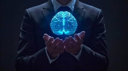 A person in a suit holding a luminous blue brain with both hands, representing advanced technology, innovation, and artificial intelligence.