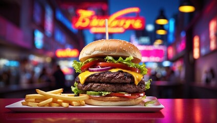 A delicious-looking burger with a sesame seed bun, two beef patties, cheese, lettuce, tomato, onion, and a toothpick with a small American flag on it. There is a side of fries on a red table. The back - Powered by Adobe