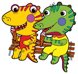 cartoon scene with happy funny dinosaur  dino lizard dragon kid  child having fun playing kindergarten isolated background illustration