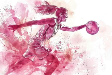 Young woman playing basketball, dynamic watercolor painting.