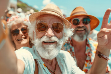 A cheerful senior man with a white beard takes a selfie with friends on a sunny day, expressing happiness and camaraderie.