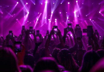 Naklejka premium a crowd of people holding up their cell phones in front of a stage with lights and beams of light
