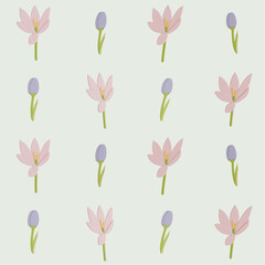 A seamless pattern of tulip and crocus on a cream background in a Smooth shape floral concept,3D illustration