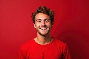 Red background Happy european white man realistic person portrait of young beautiful Smiling man good mood Isolated on Background Banner with copyspace blank empty copy space