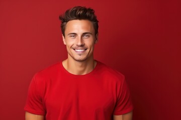 Red background Happy european white man realistic person portrait of young beautiful Smiling man good mood Isolated on Background Banner with copyspace blank empty copy space
